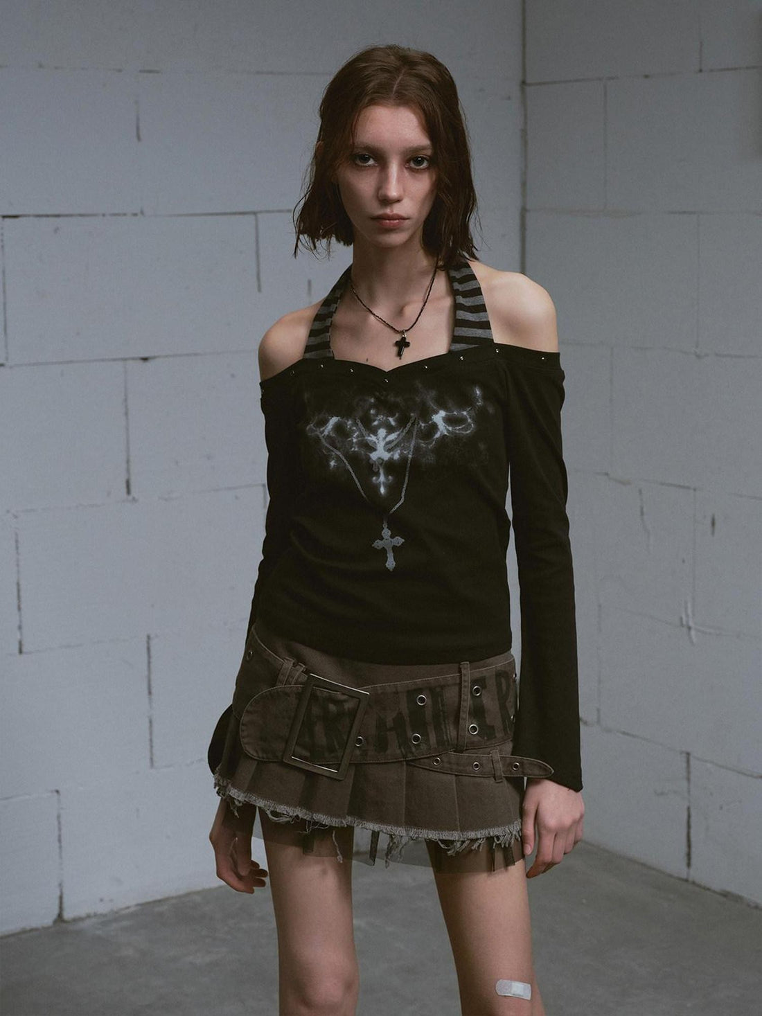 Cest Nous Studded Punk Print Off Shoulder Halter Women&
