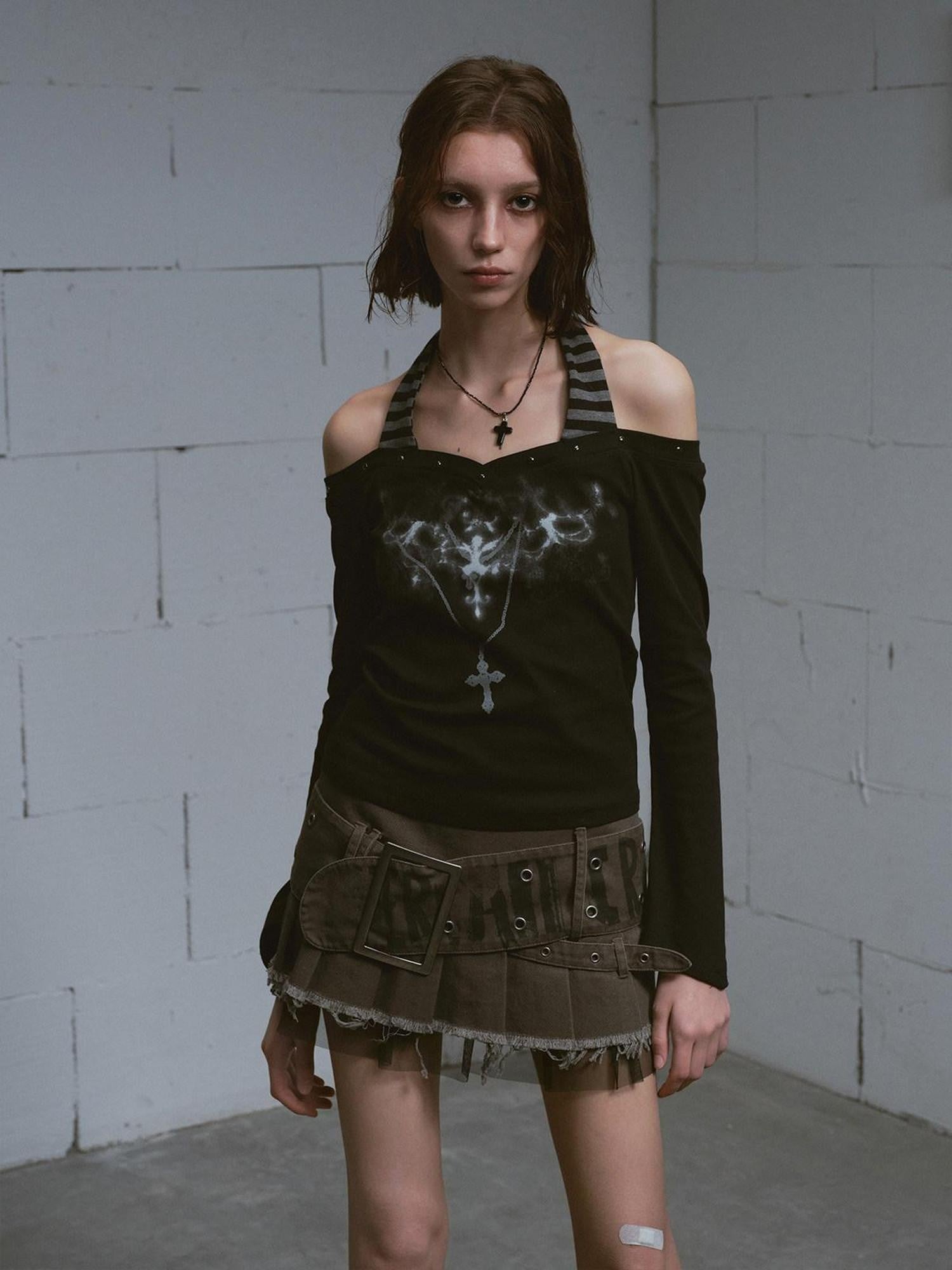 Cest Nous Studded Punk Print Off Shoulder Halter Women&