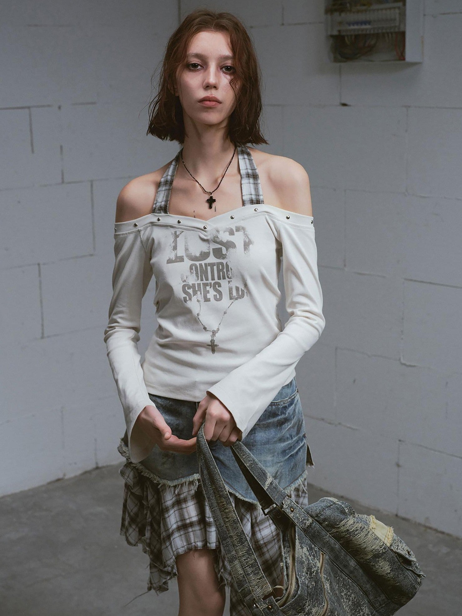 Cest Nous Studded Punk Print Off Shoulder Halter Women&