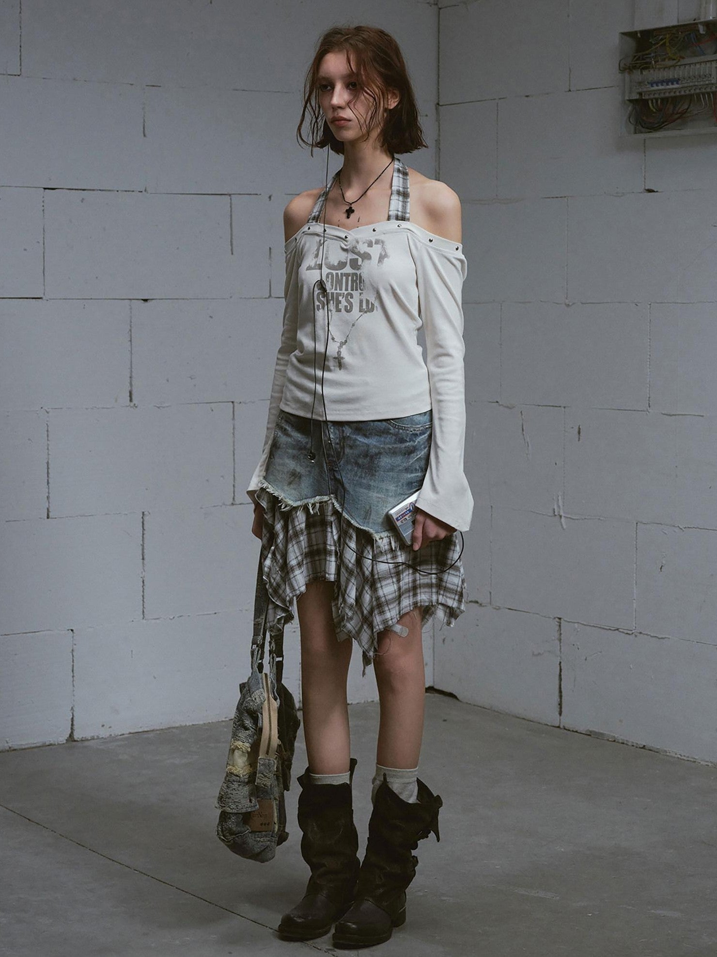 Cest Nous Studded Punk Print Off Shoulder Halter Women&