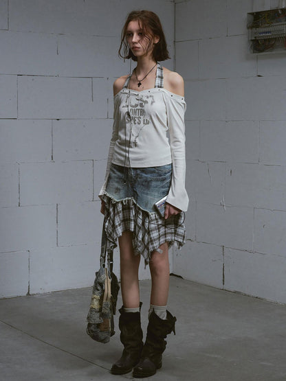Cest Nous Studded Punk Print Off Shoulder Halter Women&