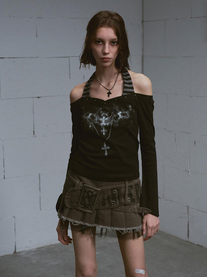 Cest Nous Studded Punk Print Off Shoulder Halter Women&