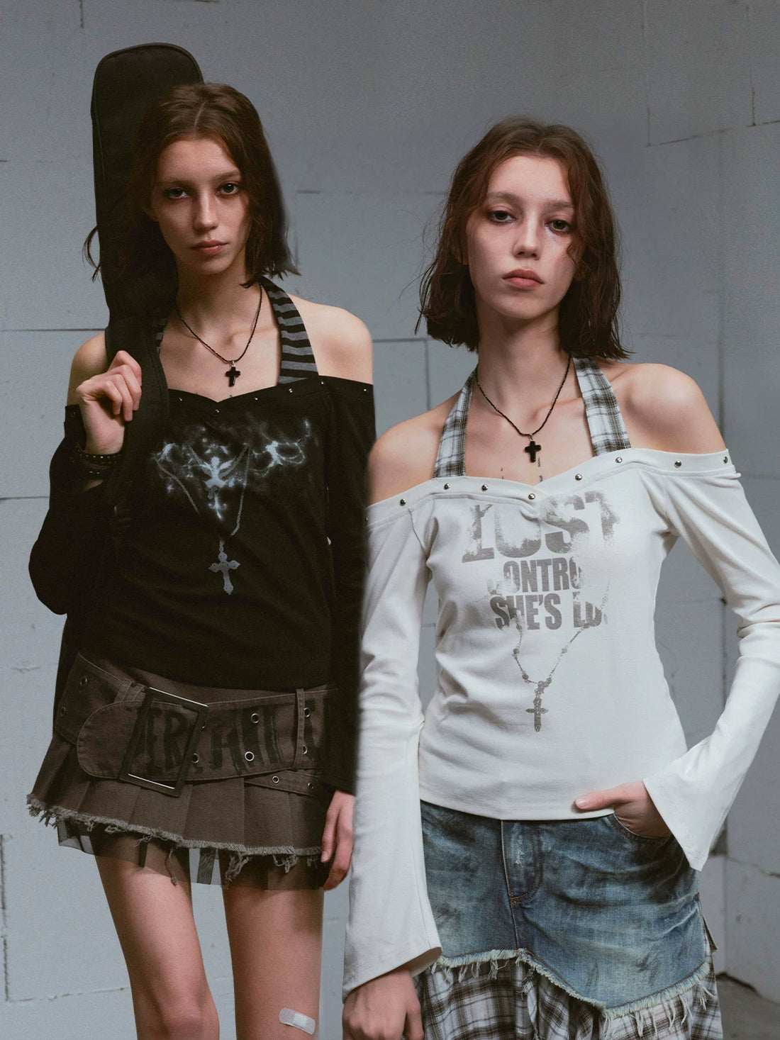 Cest Nous Studded Punk Print Off Shoulder Halter Women&