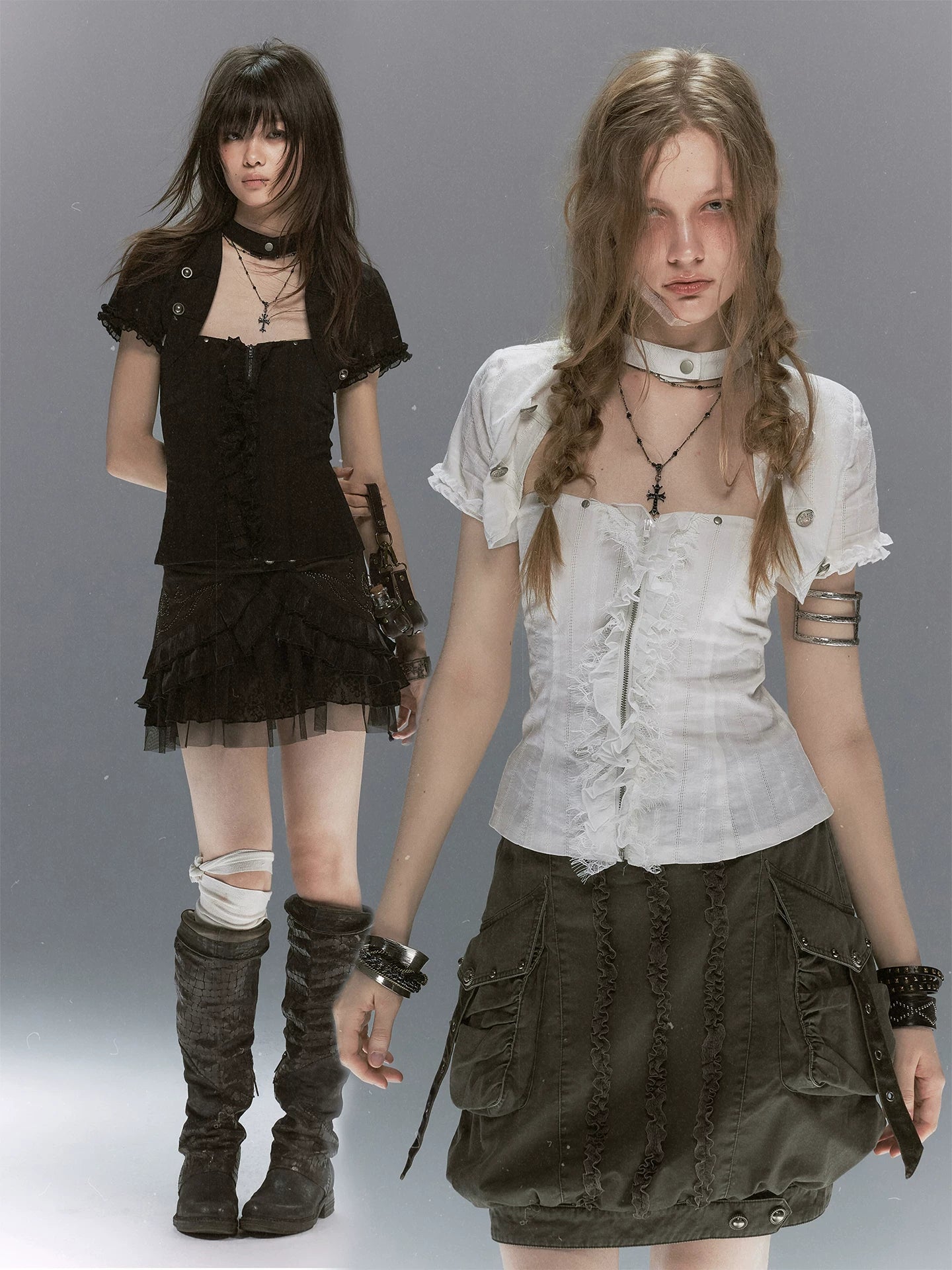Cest Nous Textured Ruffle Lace Spliced Punk Fitted Women&