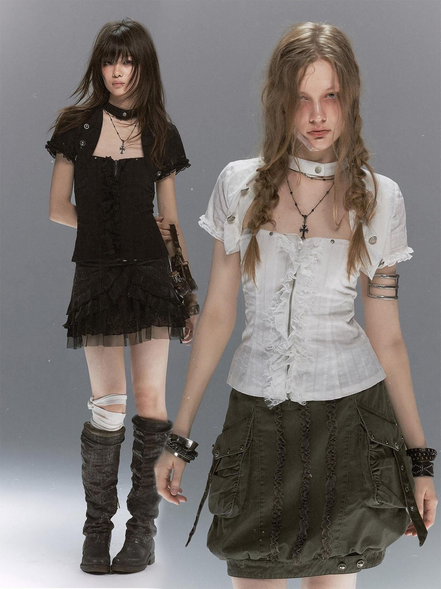 Cest Nous Textured Ruffle Lace Spliced Punk Fitted Women&