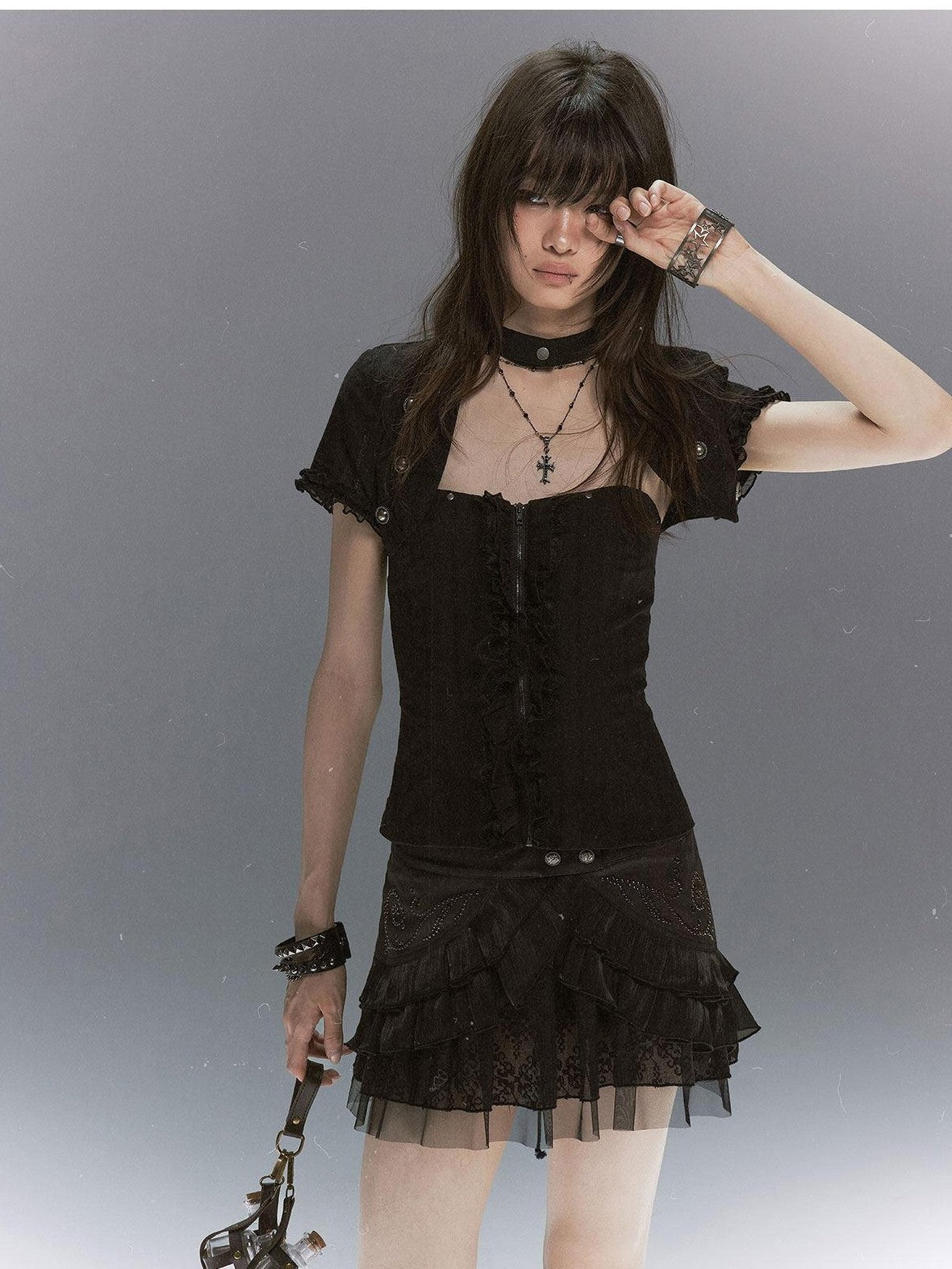 Cest Nous Textured Ruffle Lace Spliced Punk Fitted Women&