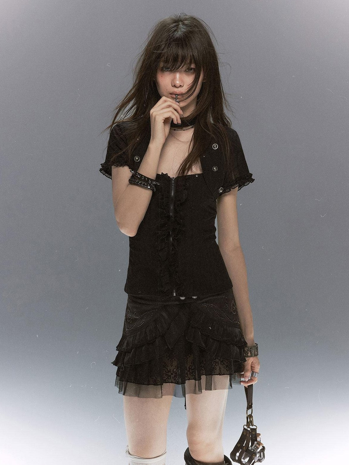 Cest Nous Textured Ruffle Lace Spliced Punk Fitted Women&