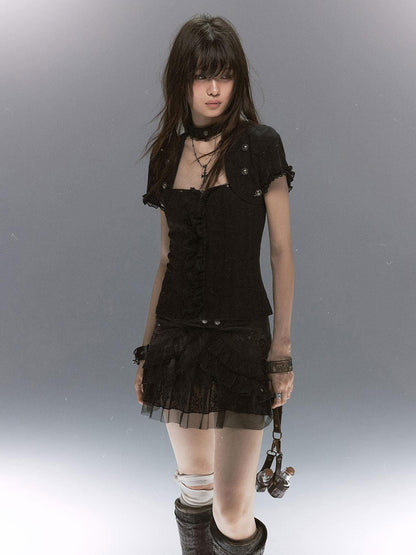 Cest Nous Textured Ruffle Lace Spliced Punk Fitted Women&