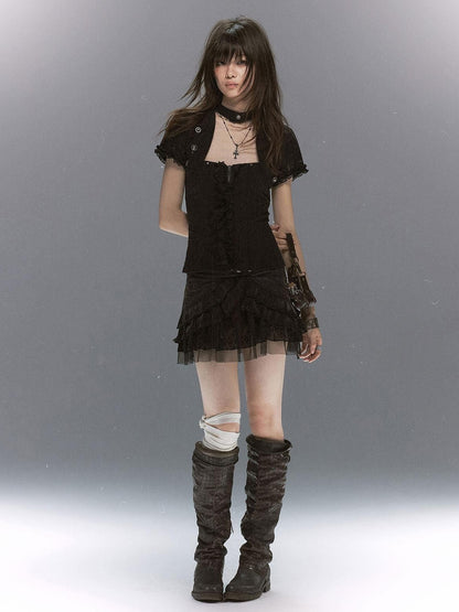 Cest Nous Textured Ruffle Lace Spliced Punk Fitted Women&