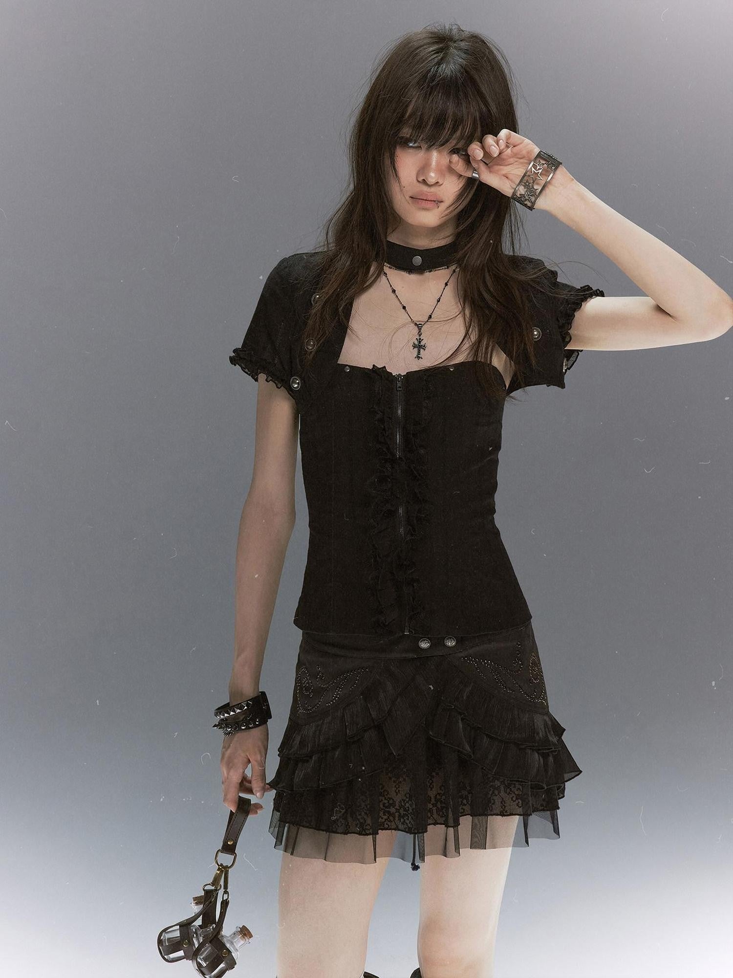 Cest Nous Textured Ruffle Lace Spliced Punk Fitted Women&