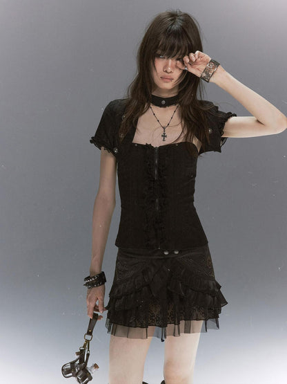 Cest Nous Textured Ruffle Lace Spliced Punk Fitted Women&