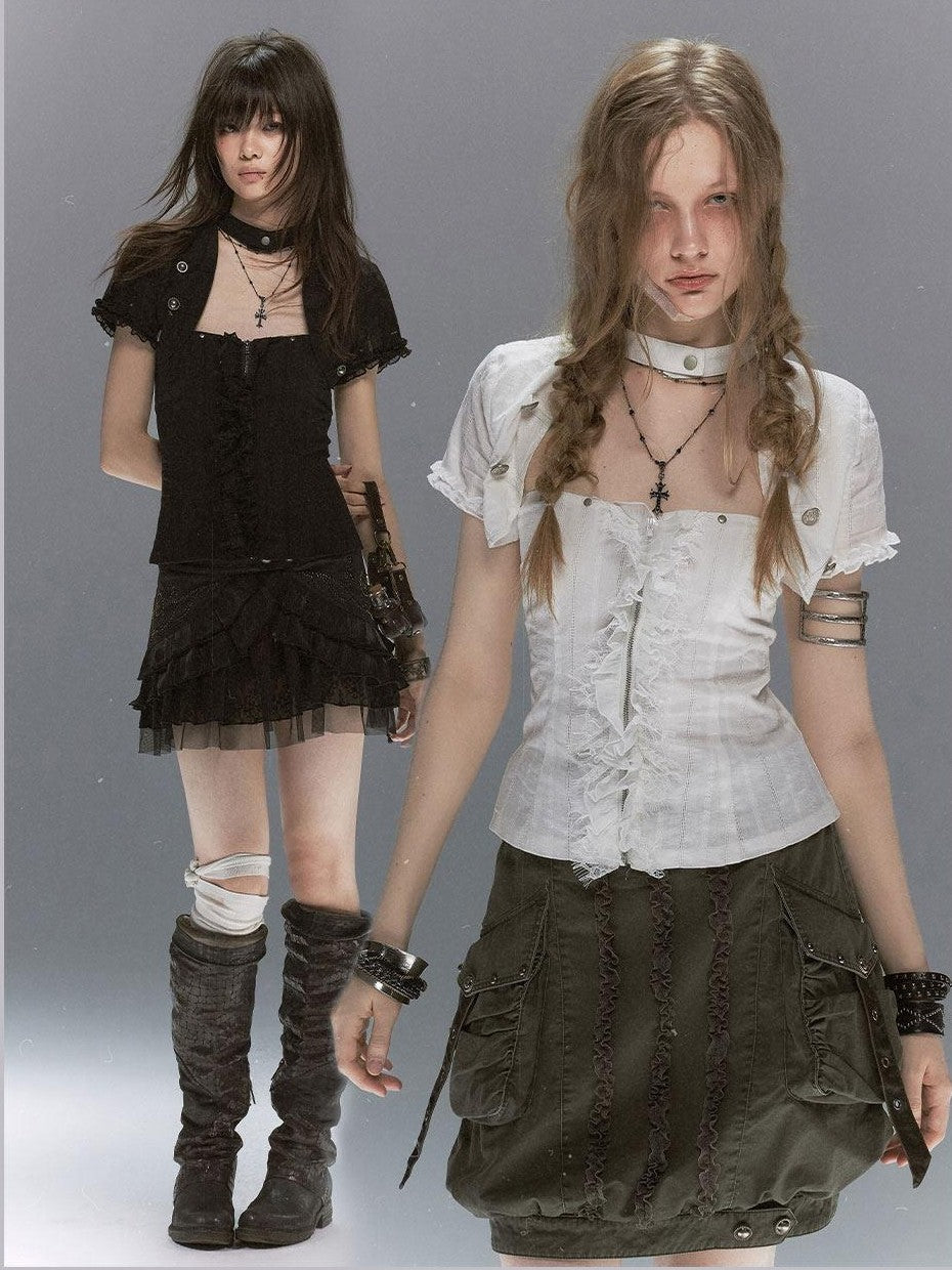 Cest Nous Textured Ruffle Lace Spliced Punk Fitted Women&