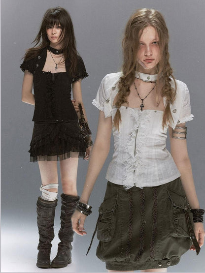 Cest Nous Textured Ruffle Lace Spliced Punk Fitted Women&