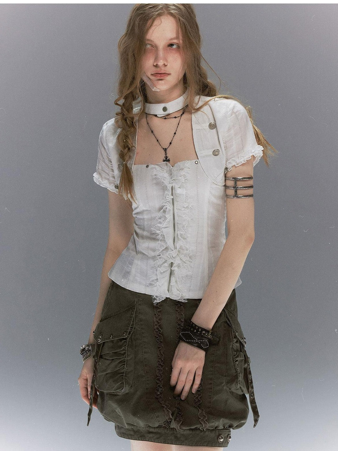 Cest Nous Textured Ruffle Lace Spliced Punk Fitted Women&