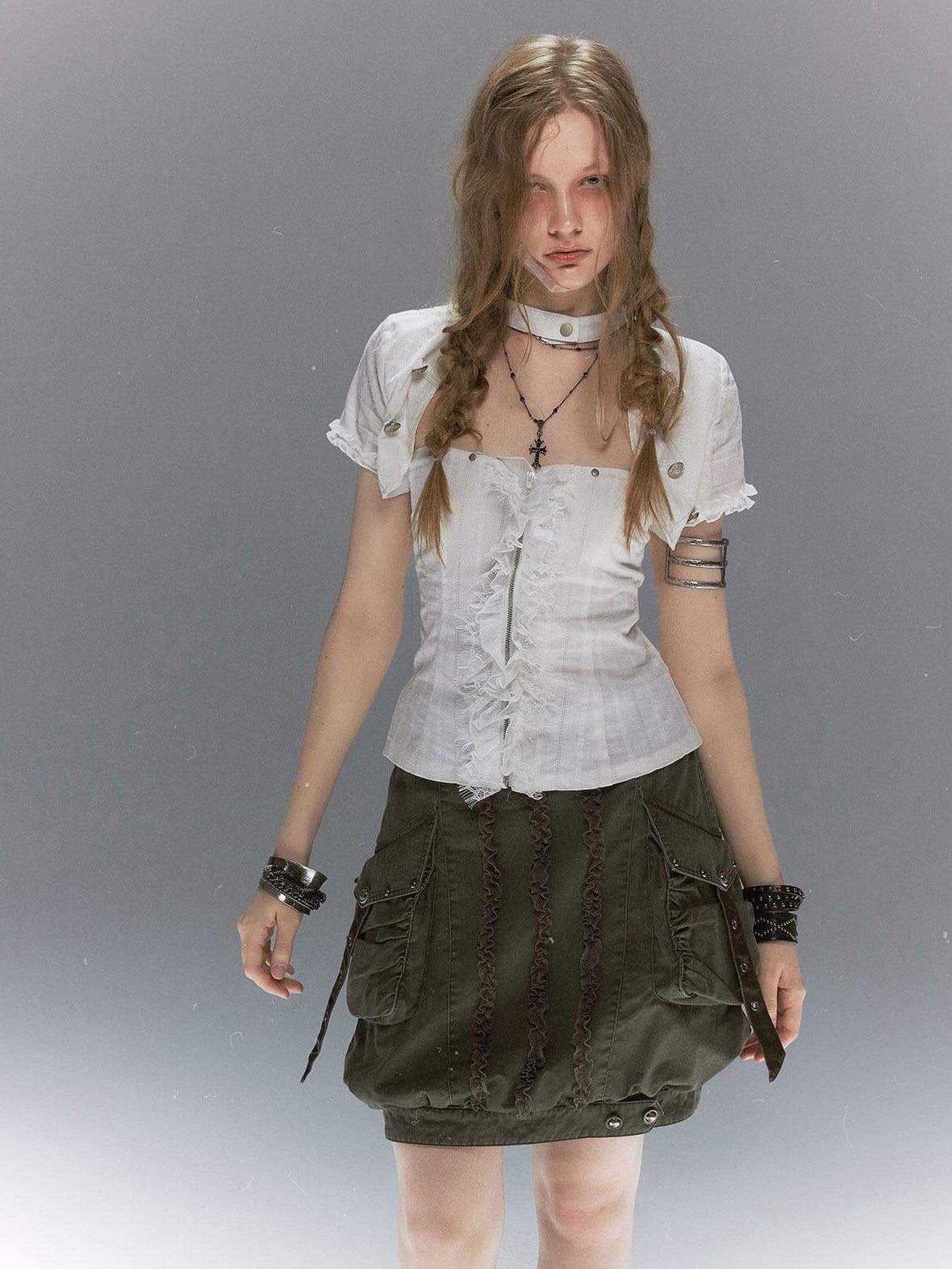 Cest Nous Textured Ruffle Lace Spliced Punk Fitted Women&
