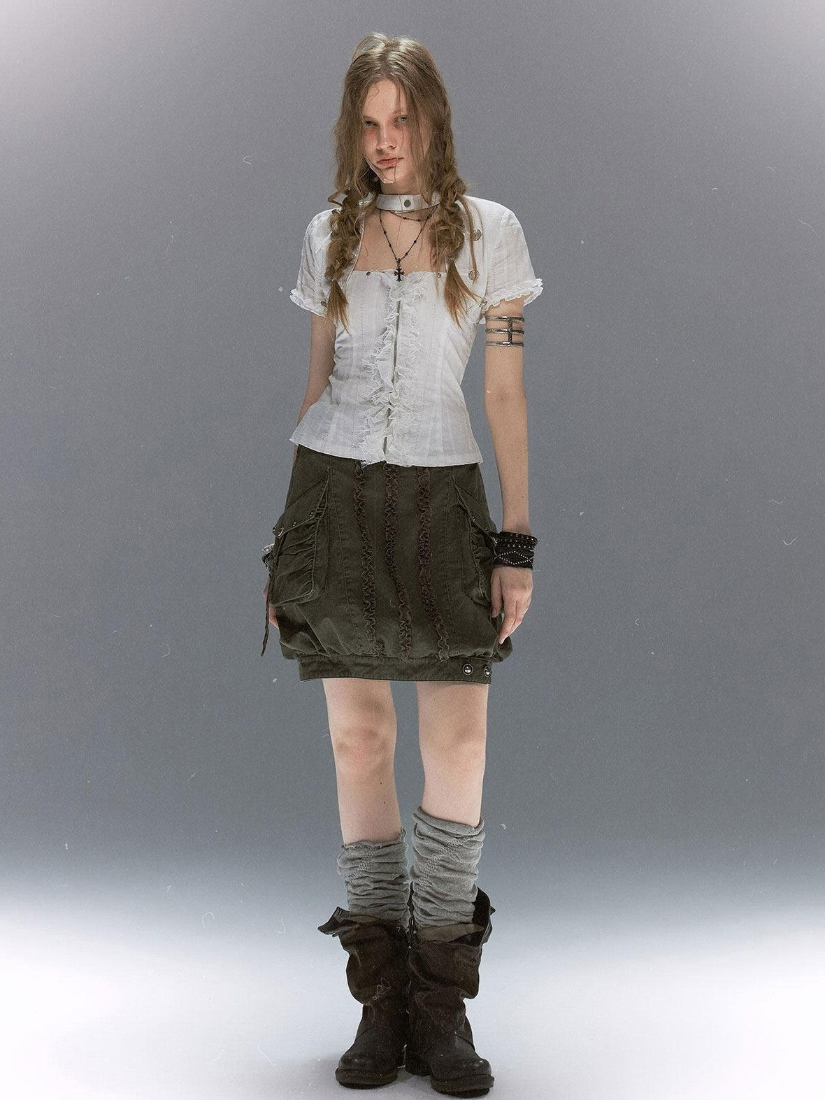 Cest Nous Textured Ruffle Lace Spliced Punk Fitted Women&
