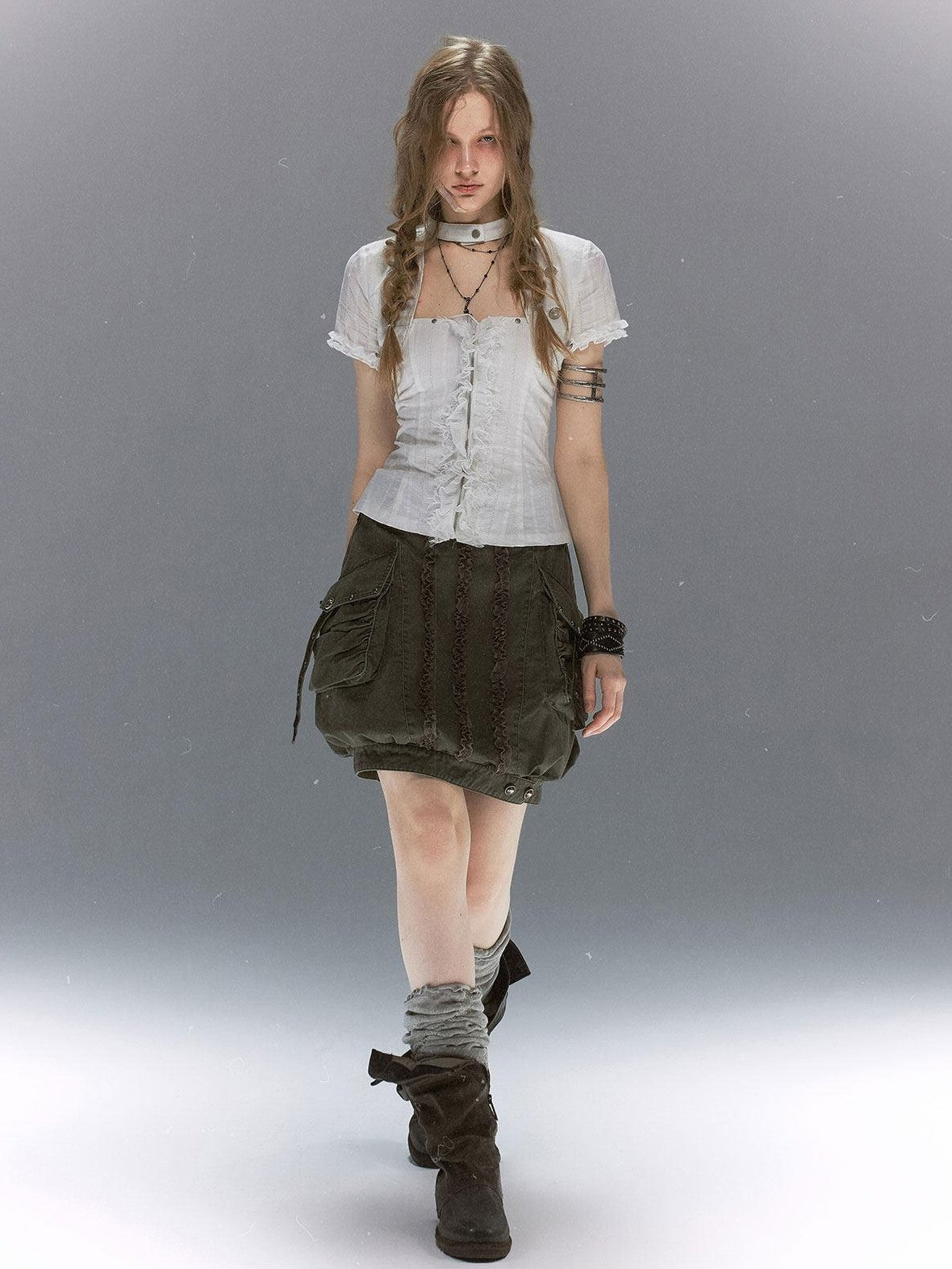 Cest Nous Textured Ruffle Lace Spliced Punk Fitted Women&