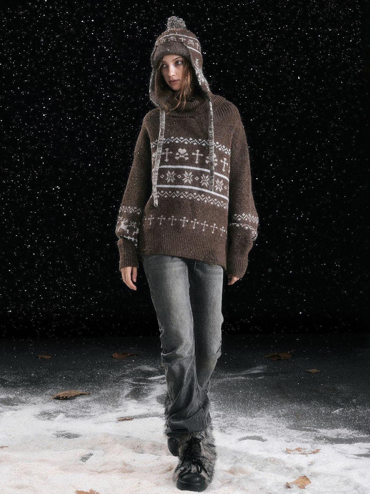 Cest Nous Thermal Wool Blend Commuter Loose Fit Hooded Long Sleeve Casual Knit Sweater