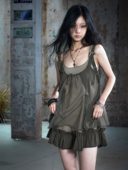 Cest Nous Two Layer Mesh Trim Drawstring Slip Dress-1
