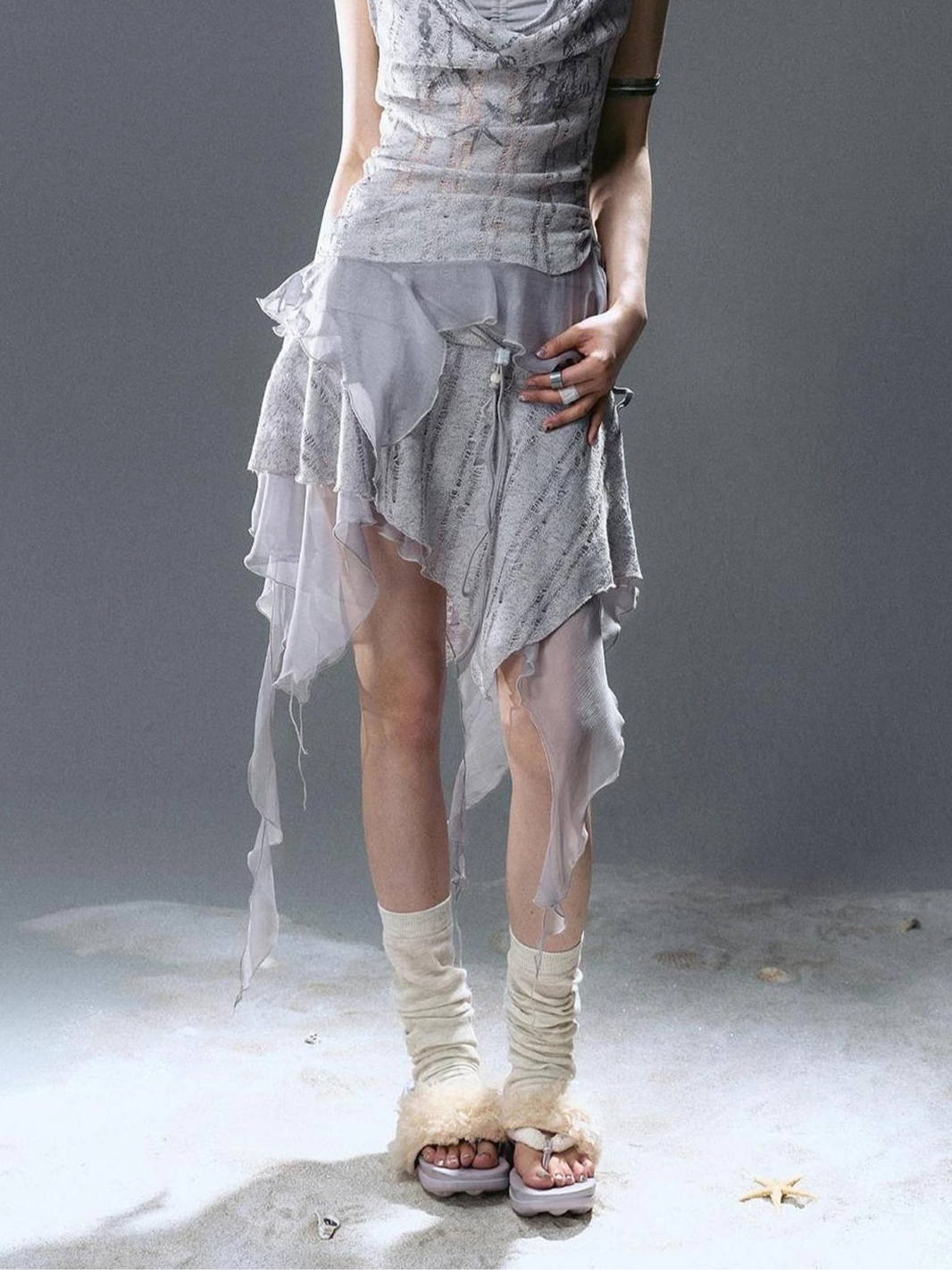 Chinese Clothing Cest Nous Update Blue Mist Beaded Asymmetrical Ruffle Skirt