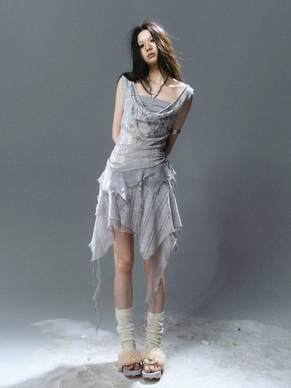 Chinese Clothing Cest Nous Update Blue Mist Beaded Asymmetrical Ruffle Skirt