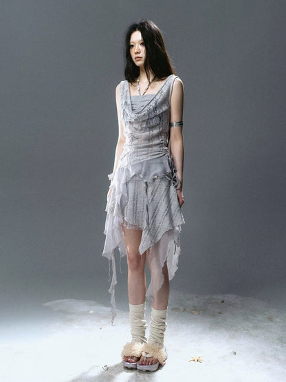 Chinese Clothing Cest Nous Update Blue Mist Beaded Asymmetrical Ruffle Skirt