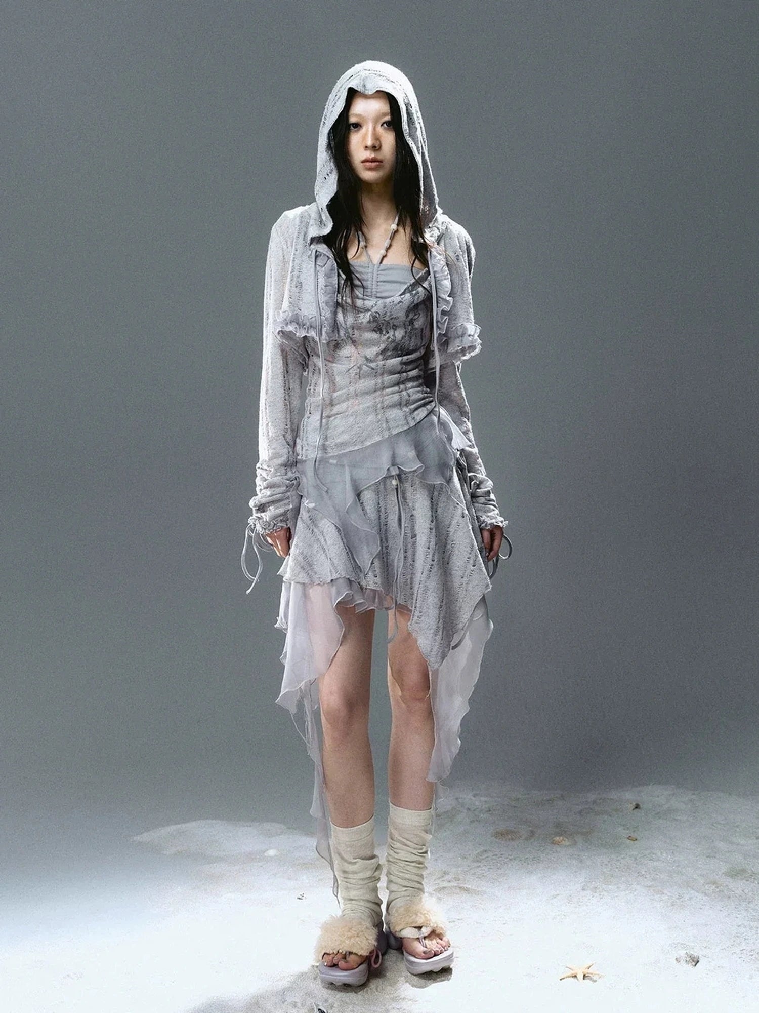 Chinese Clothing Cest Nous Update Blue Mist Beaded Asymmetrical Ruffle Skirt