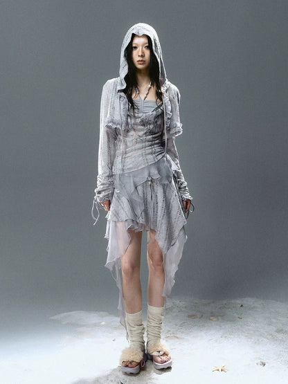 Chinese Clothing Cest Nous Update Blue Mist Beaded Asymmetrical Ruffle Skirt