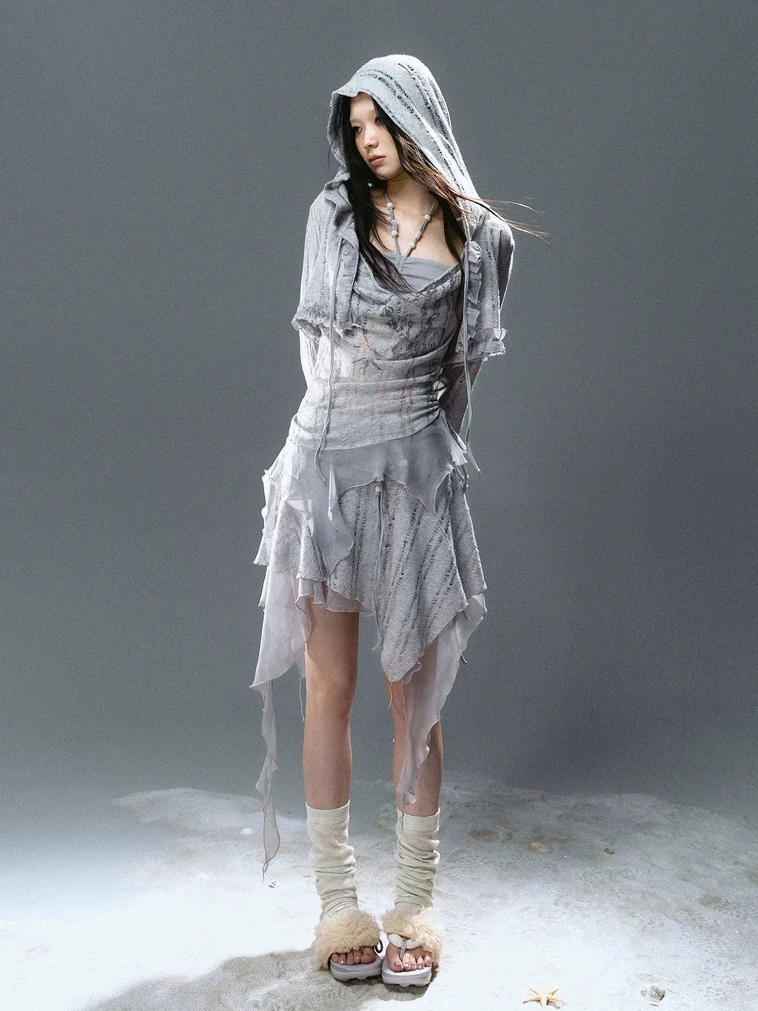 Chinese Clothing Cest Nous Update Blue Mist Beaded Asymmetrical Ruffle Skirt