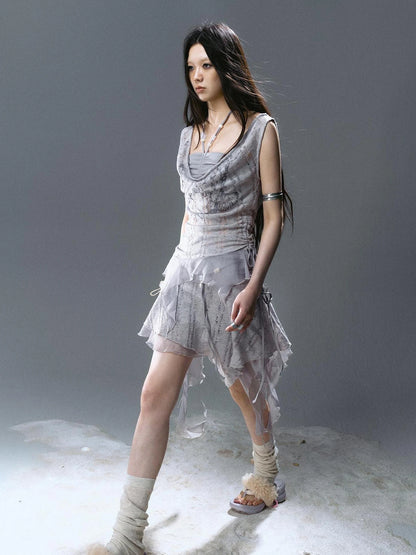 Chinese Clothing Cest Nous Update Blue Mist Beaded Asymmetrical Ruffle Skirt