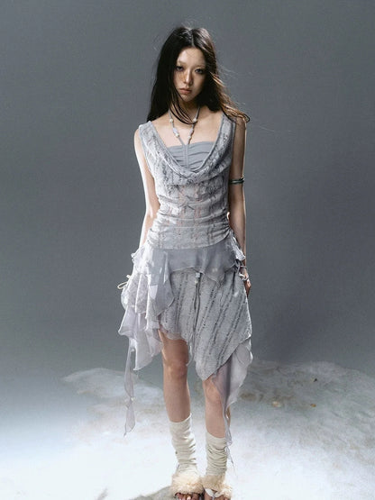 Chinese Clothing Cest Nous Update Blue Mist Beaded Asymmetrical Ruffle Skirt