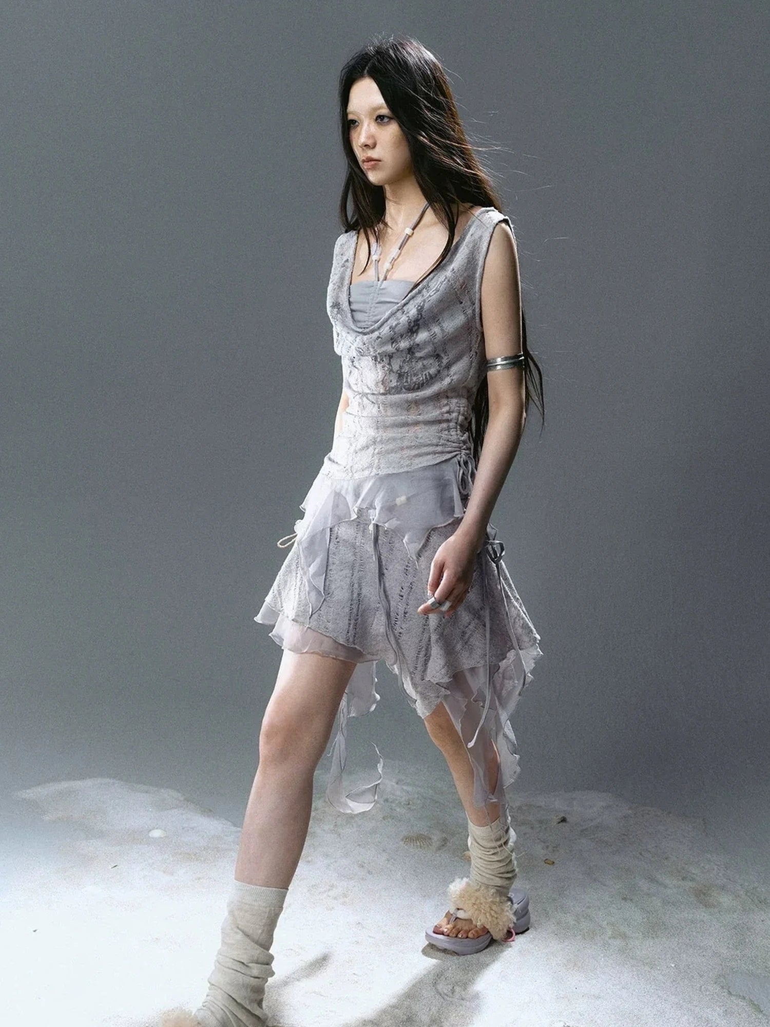 Chinese Clothing Cest Nous Update Blue Mist Beaded Asymmetrical Ruffle Skirt