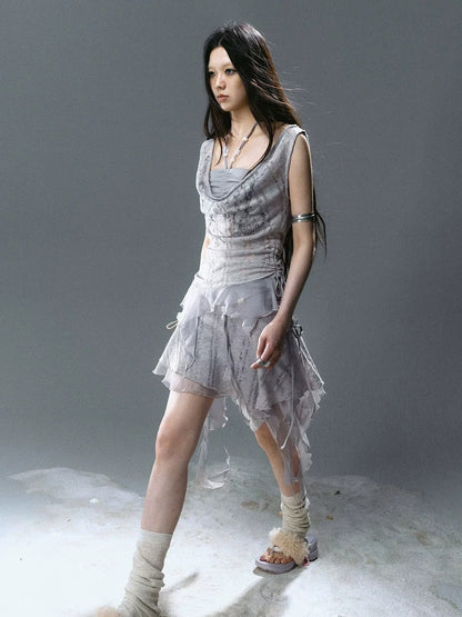 Chinese Clothing Cest Nous Update Blue Mist Beaded Asymmetrical Ruffle Skirt