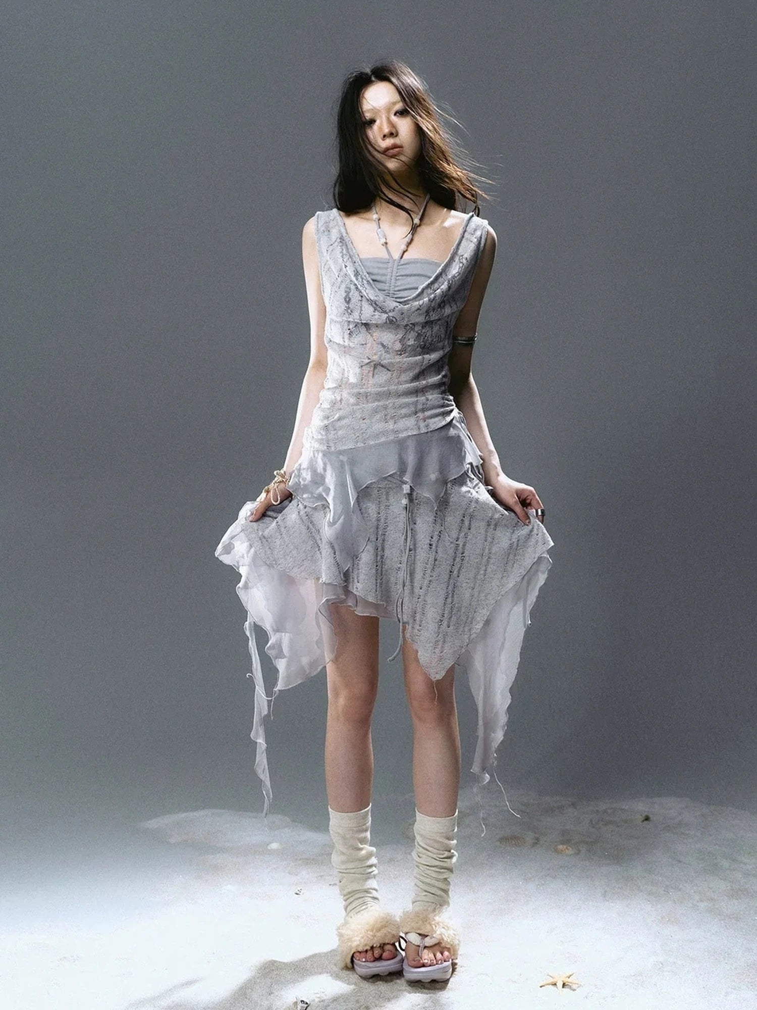 Chinese Clothing Cest Nous Update Blue Mist Beaded Asymmetrical Ruffle Skirt