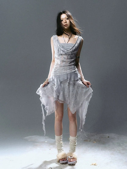 Chinese Clothing Cest Nous Update Blue Mist Beaded Asymmetrical Ruffle Skirt