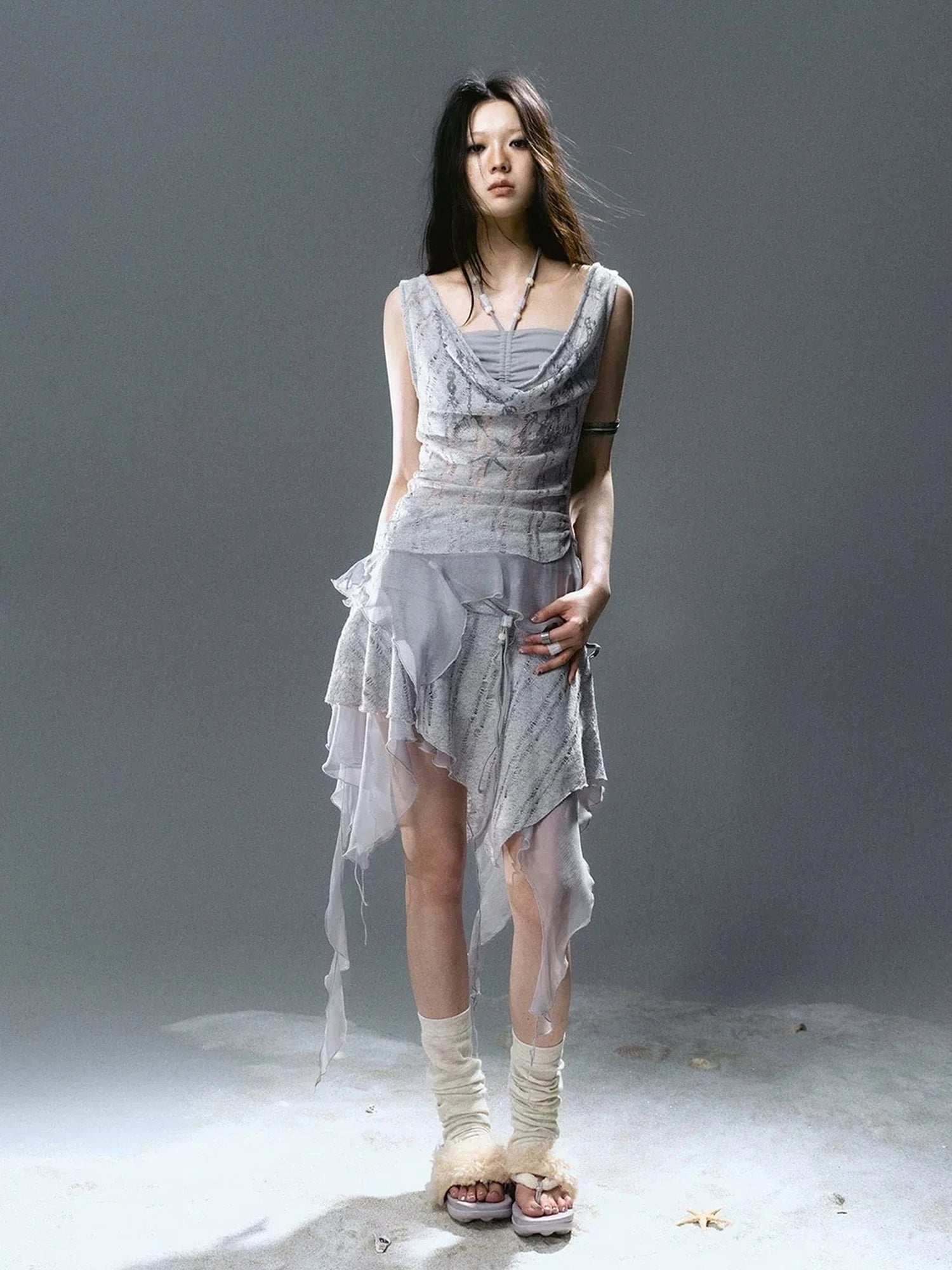 Chinese Clothing Cest Nous Update Blue Mist Beaded Asymmetrical Ruffle Skirt