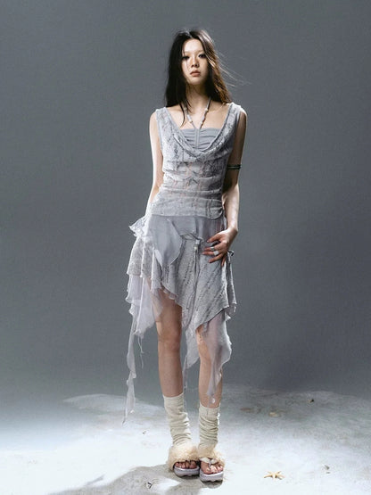 Chinese Clothing Cest Nous Update Blue Mist Beaded Asymmetrical Ruffle Skirt