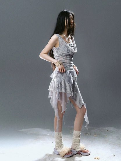 Chinese Clothing Cest Nous Update Blue Mist Beaded Asymmetrical Ruffle Skirt