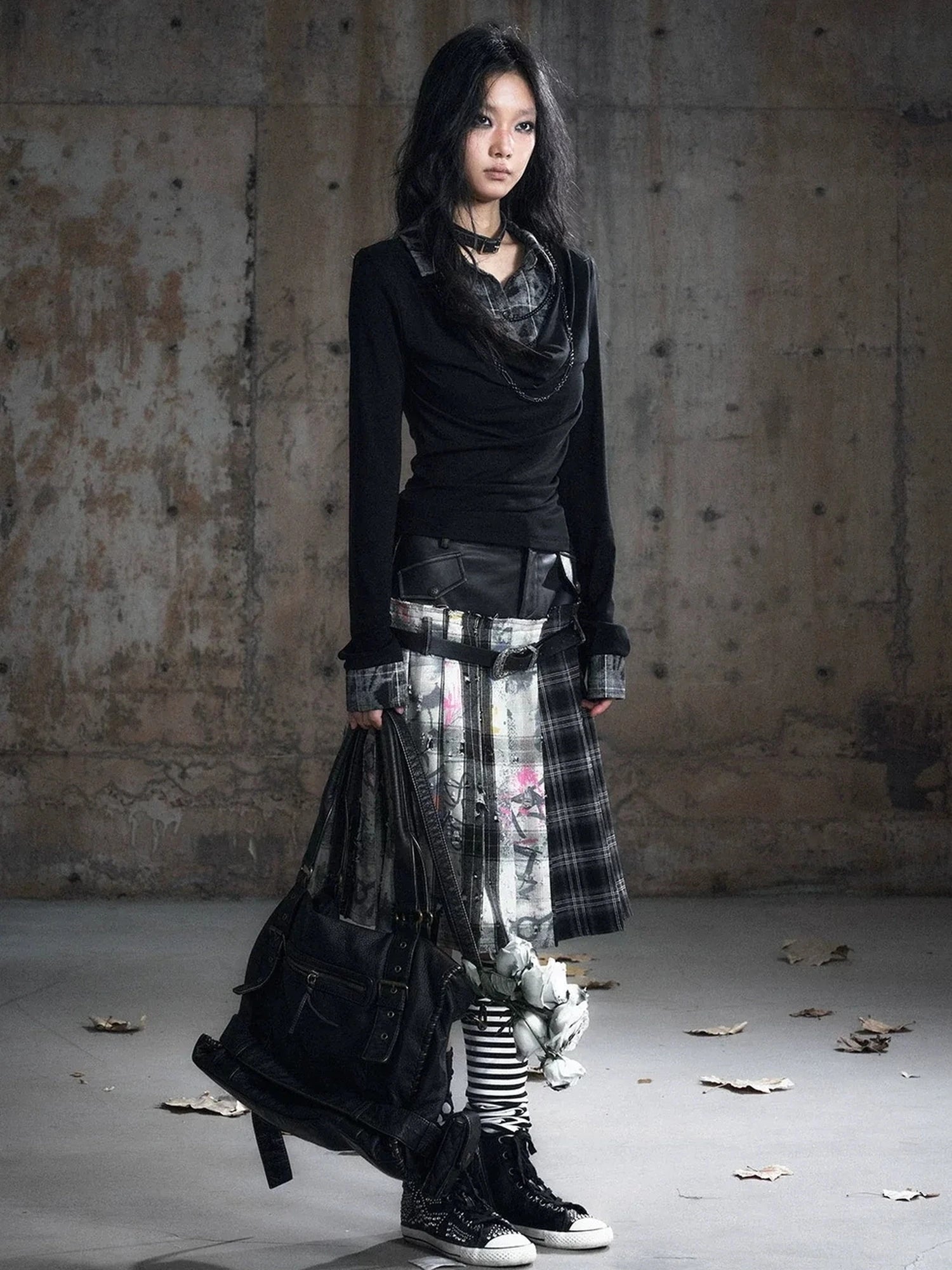 Chinese Clothing Cest Nous Update Checkered Ombre Drape Neck Blouse