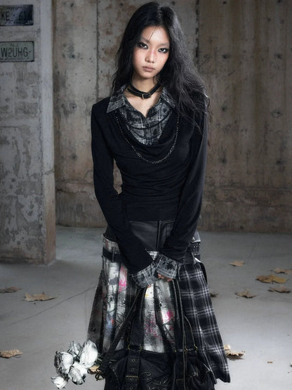 Chinese Clothing Cest Nous Update Checkered Ombre Drape Neck Blouse