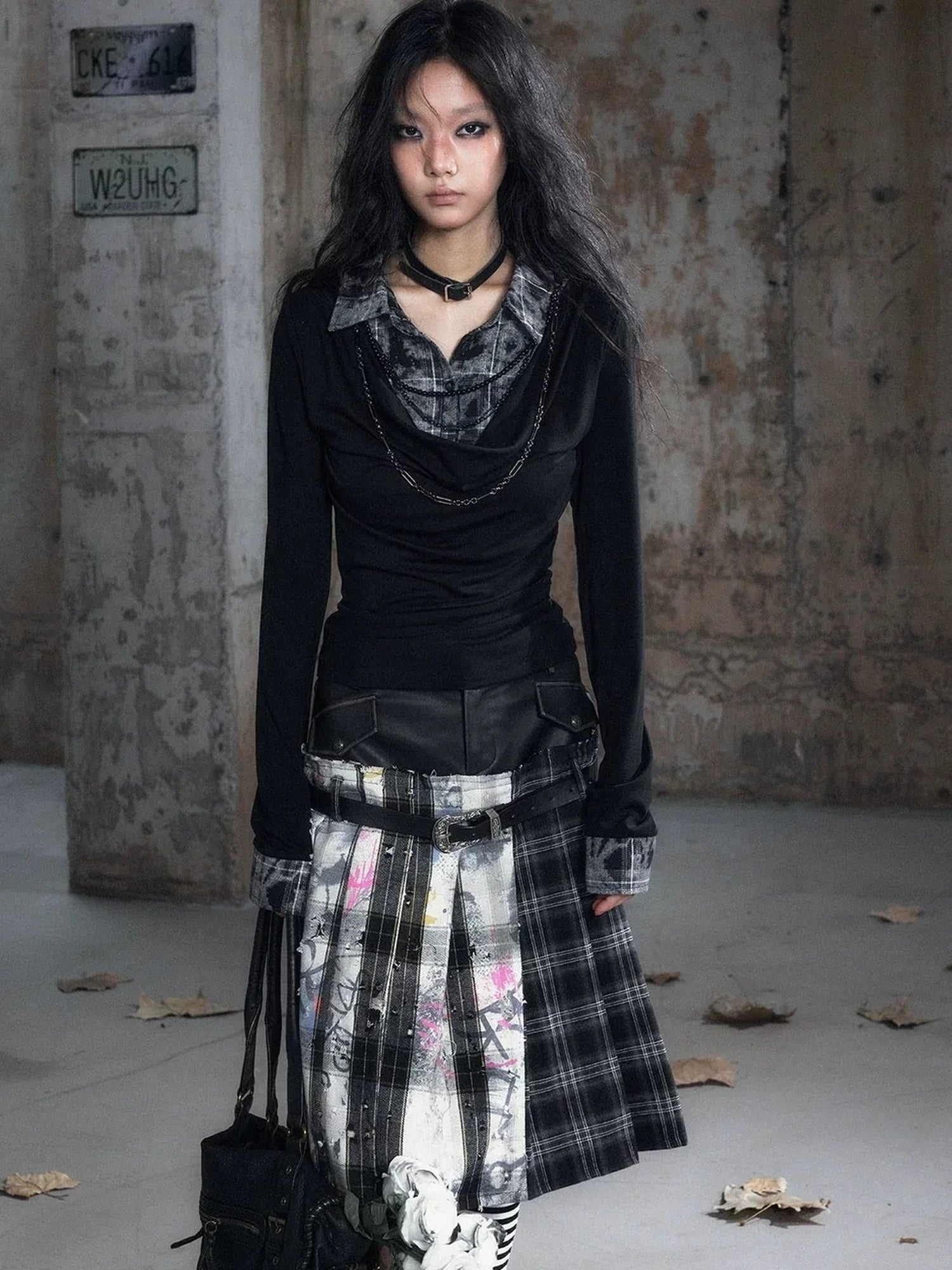 Chinese Clothing Cest Nous Update Checkered Ombre Drape Neck Blouse