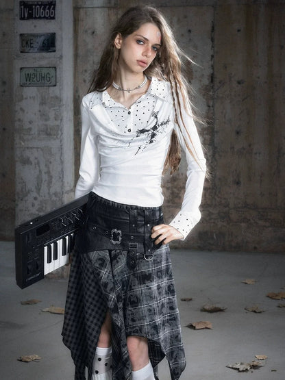Chinese Clothing Cest Nous Update Checkered Ombre Drape Neck Blouse
