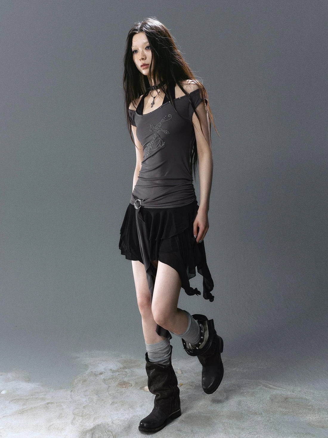 Chinese Clothing Cest Nous Update Cross Studded Asymmetric Hem Dress