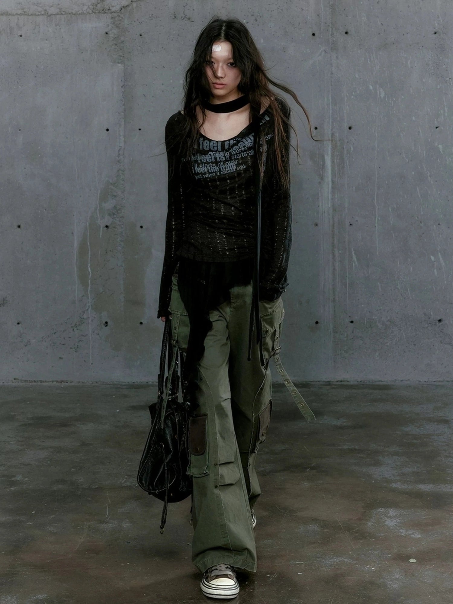 Chinese Clothing Cest Nous Update Deconstructed Draped Graffiti Hollow Knit V-neck T-shirt Long Sleeve Top