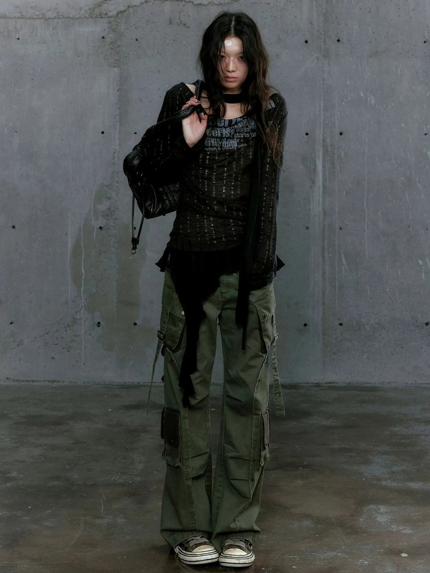 Chinese Clothing Cest Nous Update Deconstructed Draped Graffiti Hollow Knit V-neck T-shirt Long Sleeve Top