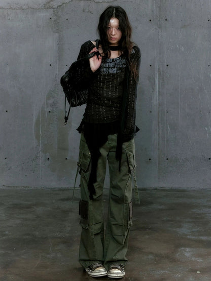 Chinese Clothing Cest Nous Update Deconstructed Draped Graffiti Hollow Knit V-neck T-shirt Long Sleeve Top