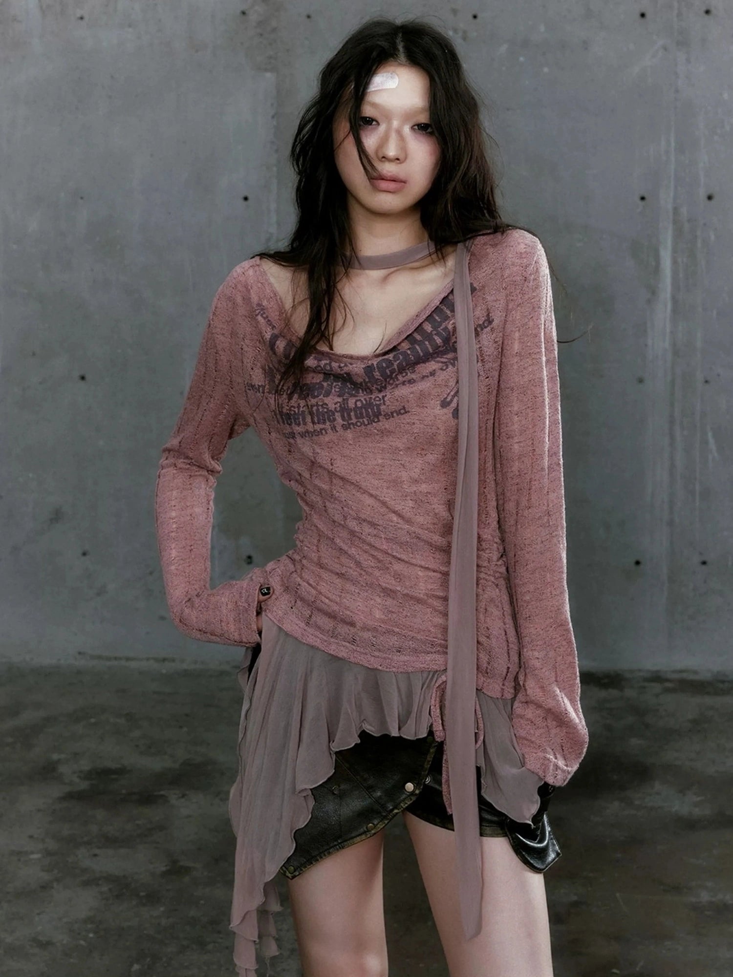 Chinese Clothing Cest Nous Update Deconstructed Draped Graffiti Hollow Knit V-neck T-shirt Long Sleeve Top