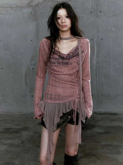 Chinese Clothing Cest Nous Update Deconstructed Draped Graffiti Hollow Knit V-neck T-shirt Long Sleeve Top