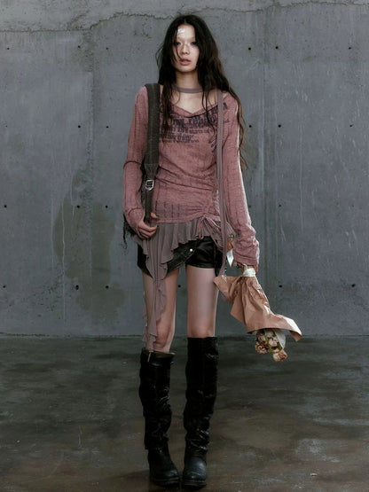 Chinese Clothing Cest Nous Update Deconstructed Draped Graffiti Hollow Knit V-neck T-shirt Long Sleeve Top