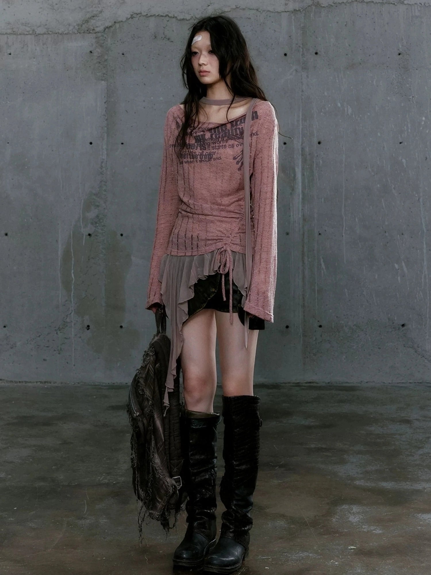 Chinese Clothing Cest Nous Update Deconstructed Draped Graffiti Hollow Knit V-neck T-shirt Long Sleeve Top